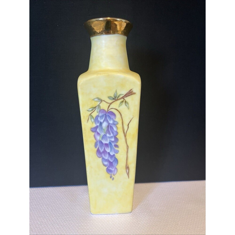 Maxine Stoner Signed Porcelain Vase Hand-painted Purple Floral Gold Rim 8in tall